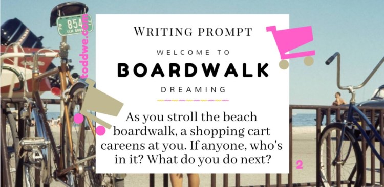 Writing Prompt 2. Welcome to Boardwalk Dreaming. As you stroll the beach boardwalk, a shopping cart careens at you. If anyone, who's in it? What do you do next?