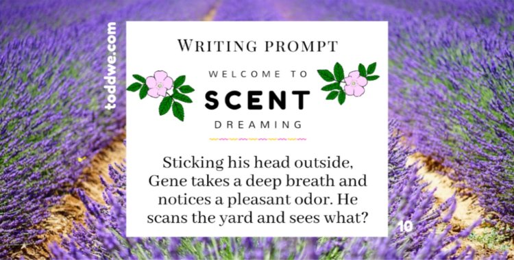 toddwe.com writing prompt #10. Sticking his head outside, Gene takes a deep breath and notices a pleasant odor. He scans the yard and sees what?